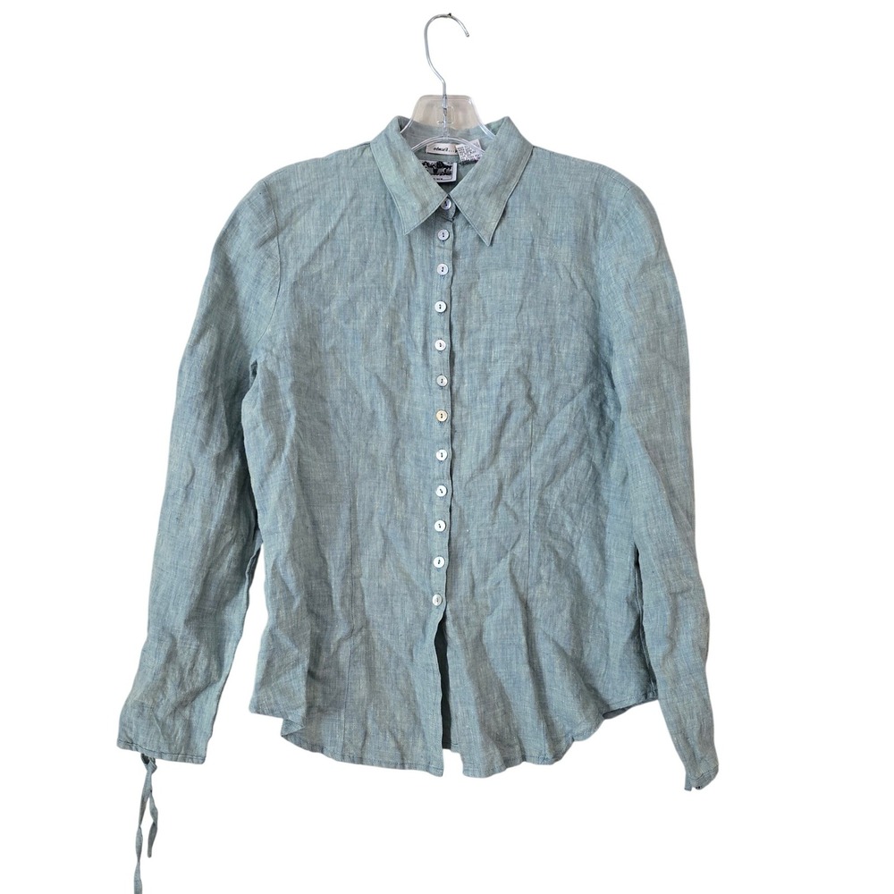 Edward Petite 100% Irish Linen Button Down Shirt Green Tie Cuff Blouse PM
